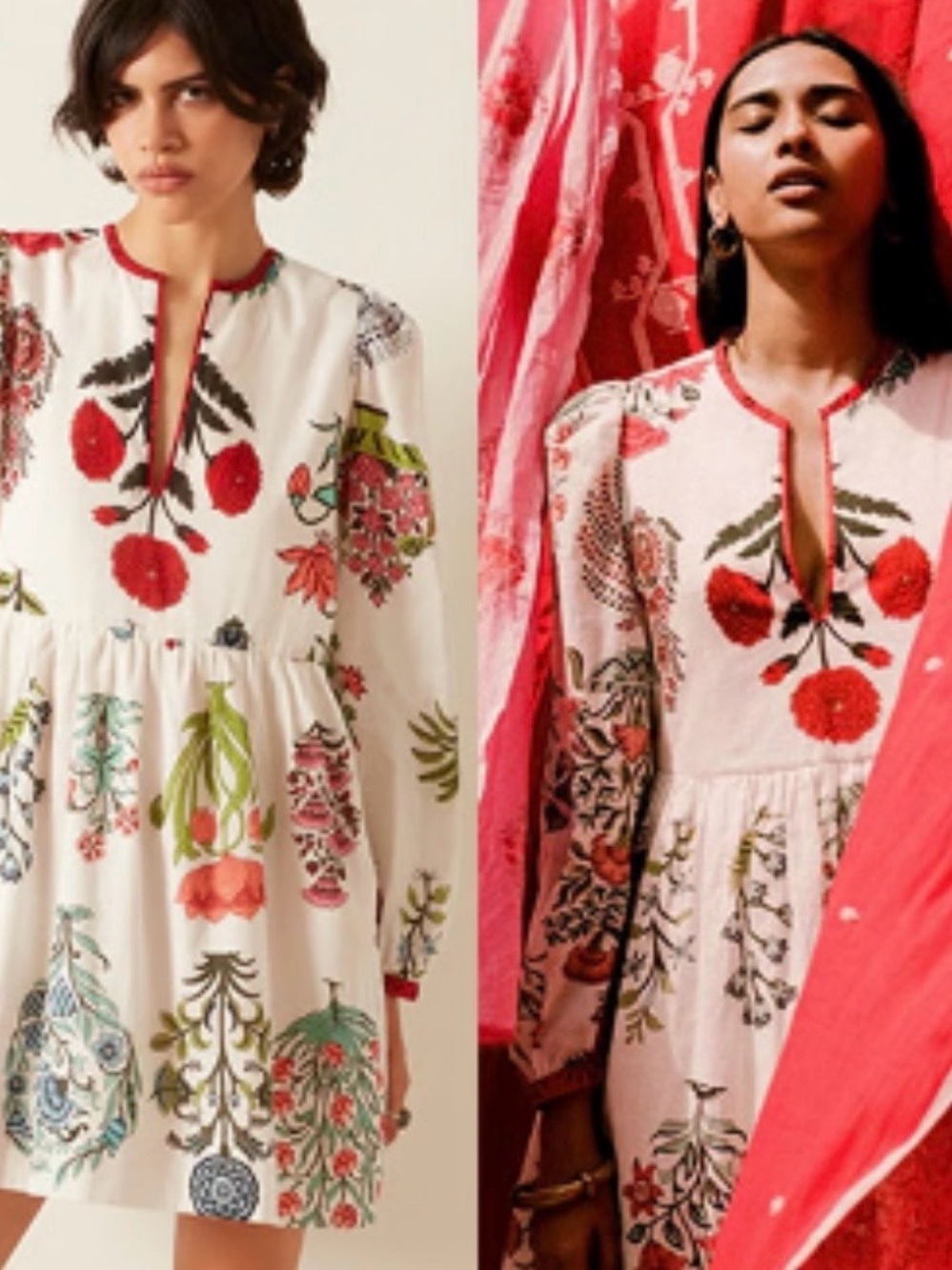 Alix Of Bohemia White Floral-Print Long Sleeve Mini Dress with Red Trim - Picture 3 of 7